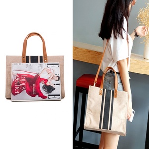 Grand sac fourre-tout en toile écologique personnalisable Beige coton moyen fermeture à glissière multi-fonction design rayé emballage alimentaire - Product Image 6