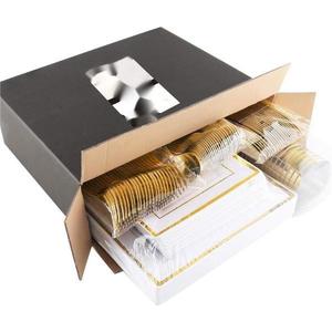 ESTICK 300 Pieces Gold Plastic Silverware Gold Lace Design disposable plastic cutlery Heavyweight Plastic Cutlery