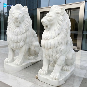 屋外入口用 手作りのヨーロッパデザイン 白大理石 大型座獅子像 庭園や寺院用 - Product Image 1