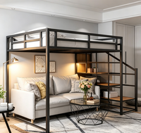 Lit mezzanine en acier robuste avec escalier en bois, adapté aux lits simples, doubles ou queen size, convient aux adultes