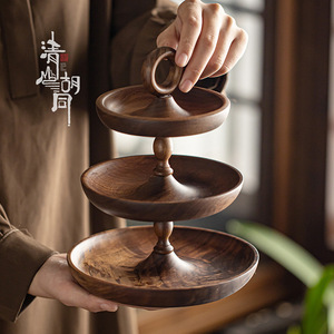 Solid Wood Three Tiered <b>Tray</b> Walnut Wood Serving Dish For <b>Tea</b> Snacks Fruit Household Use - Product Image 1