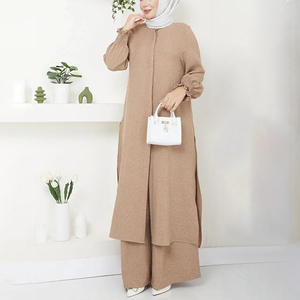 Conjunto Casual <span class=keywords><strong>de</strong></span> Primavera para Mujer Musulmana, 2 Piezas, Estilo Vintage, Color Sólido, Top Holgado, Pantalones Anchos, Traje Elegante, Túnica Árabe, Poliéster, Largo - Product Image 1