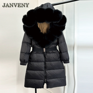 JANVENY Nuovo Parka Piumino <span class=keywords><strong>Lungo</strong></span> da <span class=keywords><strong>Donna</strong></span> Sciolto con Cintura, Caldo e Spesso, Imbottito al 90% in Piuma d'Anatra Bianca Naturale, Giacca Invernale con Grande Collo in Vera Pelliccia di Volpe - Product Image 4
