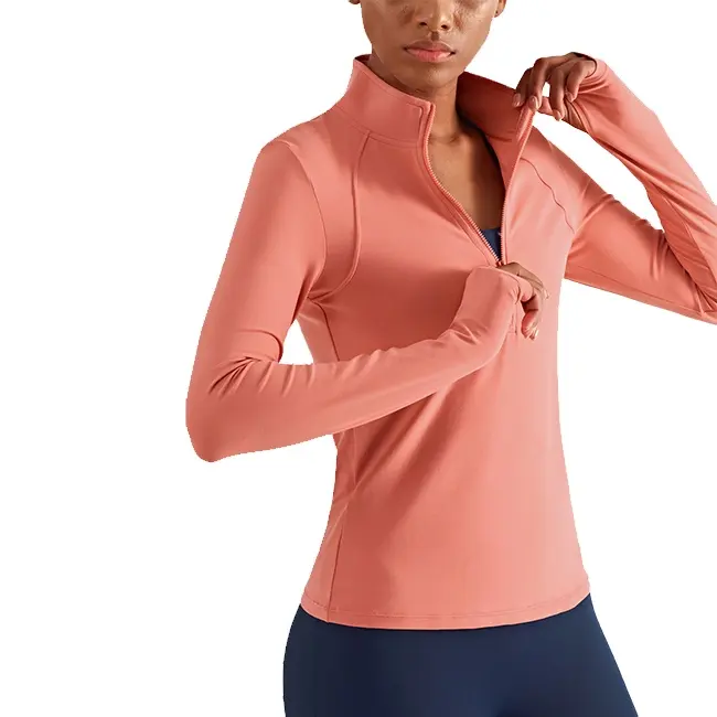 Outdoor Women 1/2 Zip Custom Track Jackets Slim Fit Athletic Sports Long Sleeve T Shirt Yoga Wear With Thumb Holes