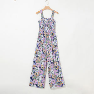 Lieber Liebhaber Großhandel Mode Boho Bohemian Blumen druck Elegant Smocked High Waist Square Neck Breites Bein Einteiliger Overall Frauen - Product Image 3