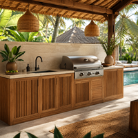 Meubles de cuisine extérieurs sur mesure en bois avec station barbecue, évier en acier inoxydable, glacière et rangement pour villa, jardin, complexe hôtelier
