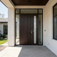 Porte d'entrée double battante de sécurité haut de gamme en aluminium moulé avec panneau vertical et quincaillerie mate pour villa