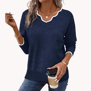 Suéter Casual de Otoño Invierno para Mujer, Suéter Minimalista Elegante de Color Sólido con Cuello de Encaje, Capa Base de Punto - Product Image 2