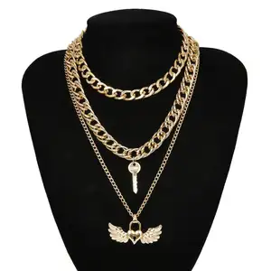 Fashion Wholesale Gold Alloy Exaggerated LOVE Heart Lock And Key Wing Pendant Necklaces Multilayer Jewelry For Women