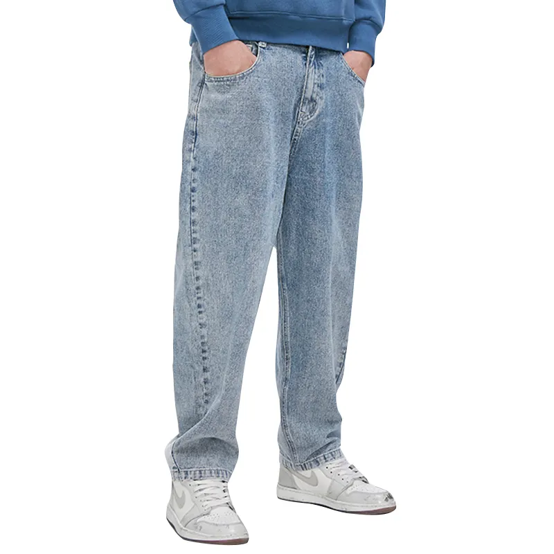 Şişirme erkek Denim kumaş pantolon Retro moda yıkanmış yüksek belli artı boyutu düz erkek kot pantolon