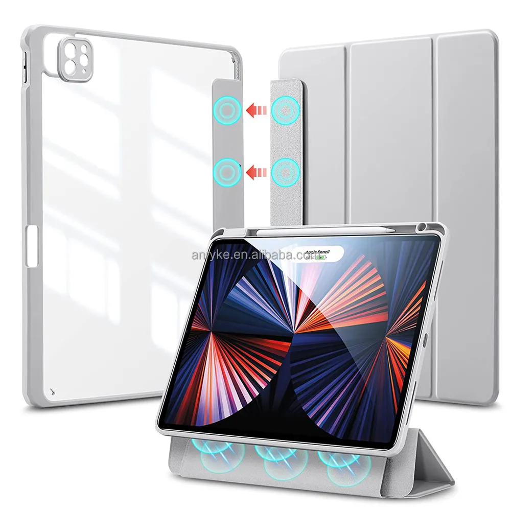 Acrylic Leather Trifold Stand Cover For iPad Pro 12.9 with Pencil Holder Magnetic Detachable Case for iPad Pro 12.9 inch 2021