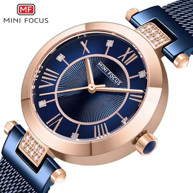 MINI FOCUS MF0215L Luxury Diamond Simple Design Waterproof Golden Mesh Belt Small Dial Roman Scale Dial Ladies Quartz Watches