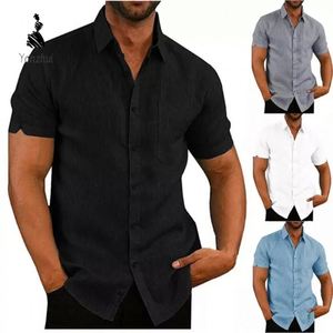 Chemises décontractées <span class=keywords><strong>de</strong></span> luxe pour hommes à manches courtes et col rabattu, en lin ample, avec poche poitrine, coloris noir, blanc, gris, bleu - Product Image 1