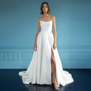 Robes <span class=keywords><strong>de</strong></span> mariée LY-WD1310 en satin, coupe trapèze, nouveau design élégant, sans manches, avec boutons, grandes tailles - Product Image 1