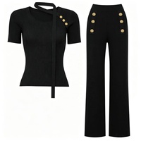 Nouveautés OUDINA - Ensemble deux pièces pour femmes, hauts en tricot à manches courtes avec boutons et ruban, couleur unie, élégant, pantalon décontracté