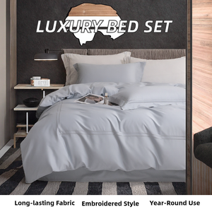 Ultra Soft Silky Luxury 600TC 100% Long-Staple Cotton Bed Sheet &amp; Duvet Cover Set Embroidered Hotel <strong>Bedding</strong> White/<strong>Light</strong> <strong>Grey</strong> - Product Image 2