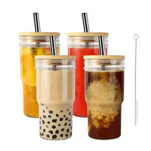 Brede Mond 22Oz Ijskoffie Glazen Cup Herbruikbare Boba Cup Smoothie Tumbler Glazen Bubble Theepot Cup Met Bamboe Deksel En Stro