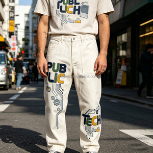 Pantalones de Pierna Recta de Sarga 100% Algodón para Hombre, Personalizados, con Bordado Gráfico de Chenilla, Blancos, Casuales, Fabricante de Ropa OEM - Product Image 3