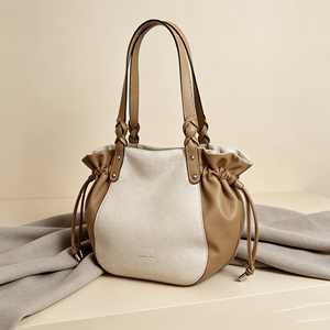 Vintage Cream <b>Tan</b> Bucket <b>Bag</b> Soft Pebble Grain Drawstring Edge Decorative Knot Handle Everyday Purse - Product Image 5