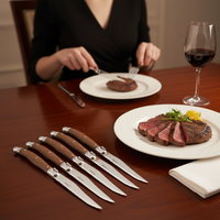 Couteau à viande en acier inoxydable à manche en bois, lames dentelées, lot de 6 couteaux à steak Laguiole pour la maison, les barbecues et les fêtes