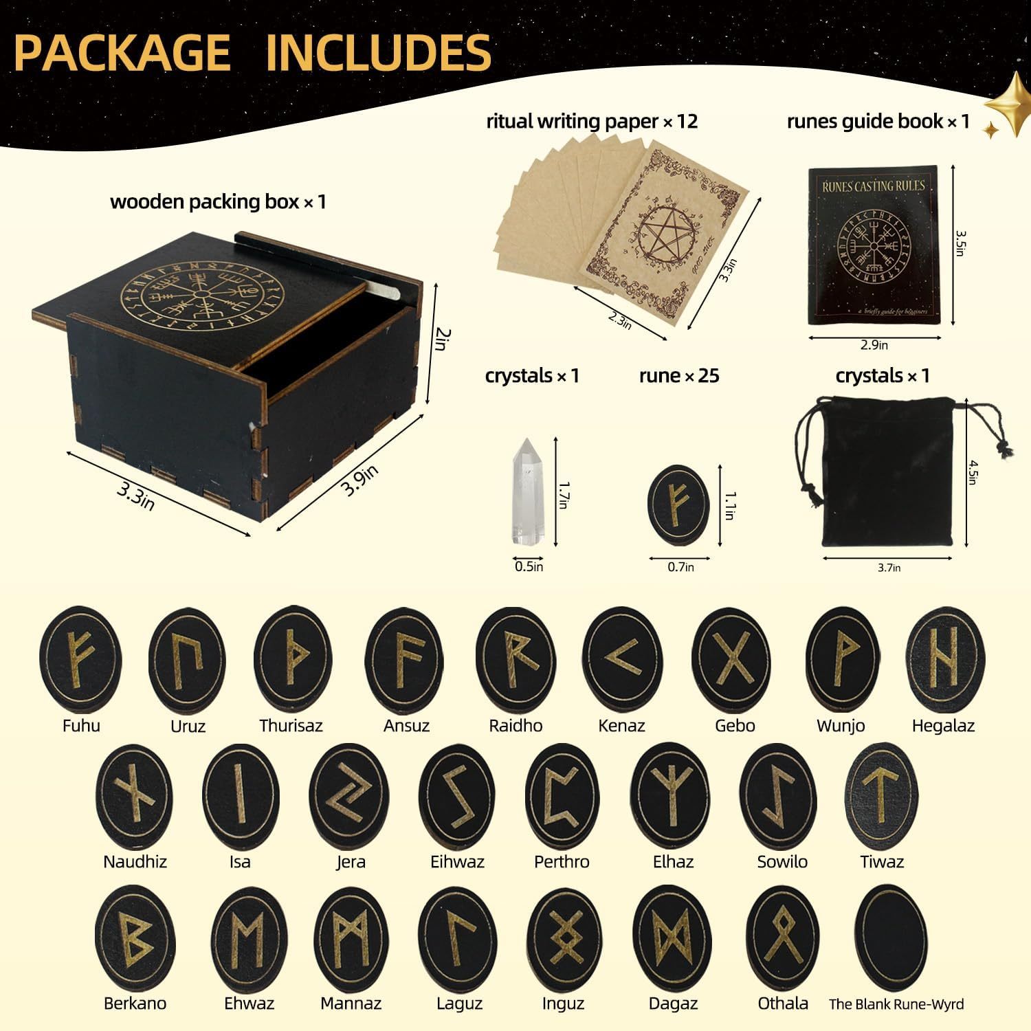 Generisch Ensemble De Runes En Bois – 25 Pièces Avec Manuel, Sac Et Boîte De Rangement Pour Divination, Méditation Et Spiritualité