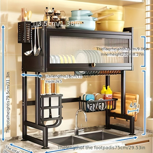 Rak Pengering Piring Serbaguna untuk Wastafel Dapur, Rak Penyimpanan di Pintu Kabinet, Rak Penyimpanan di Meja Dapur dari Logam+Plastik, Organizer 2 Tingkat - Product Image 3