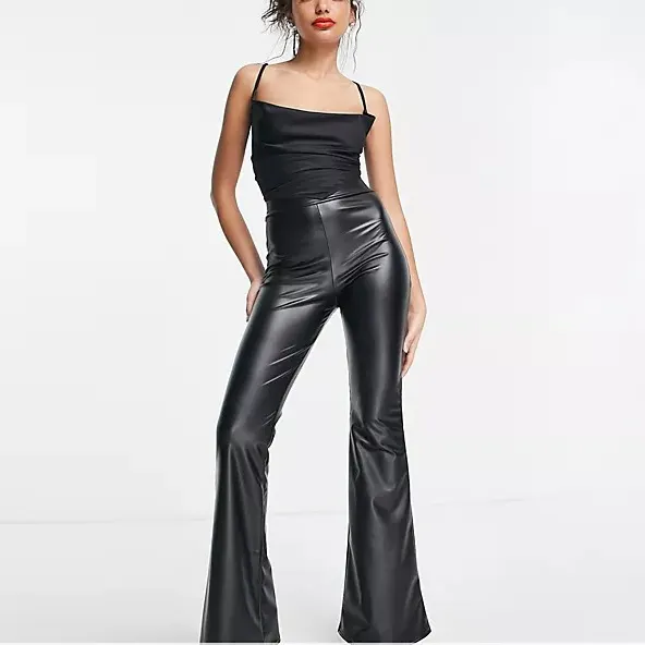 2022 new arrivals custom women maxi faux leather trouser fwide leg flared black leather pants