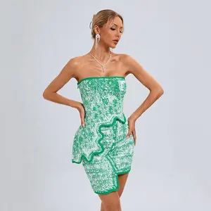 BA440 Green Jacquard Bandage Two Pieces Set Women 2024 Sexy Strapless Irregular Top Wrap Hip Skirt Sets Fashion Bodycon Outfit