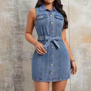 Vestidos de mujer de verano 2025: Mini vestido liso y dulce, sexy, de corte A, de malla, ajustado, cómodo, informal, de mezclilla. Venta al por mayor. - Product Image 4