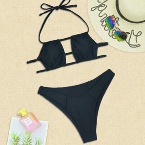 Traje de Baño Negro Personalizado con Cordones, Conjunto de Bikini Tanga de 2 Piezas, Traje de Baño para Mujer, Conjunto de Bikini con Tanga - Product Image 1