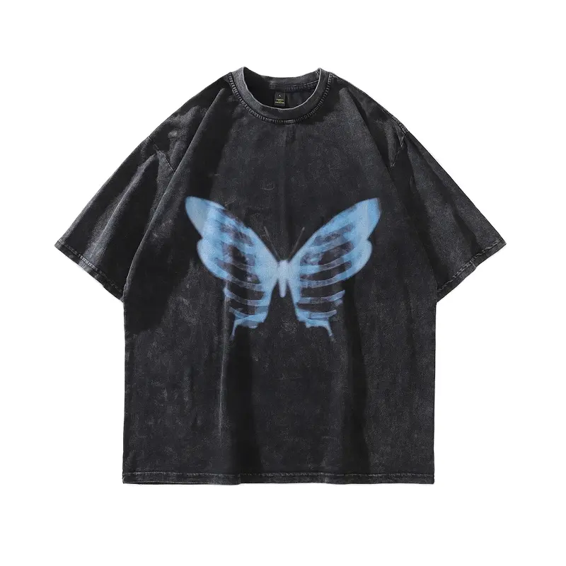 Retro old washed butterfly print short-sleeved T-shirt men and women pocket loose high street hip-hop street half-sleeve