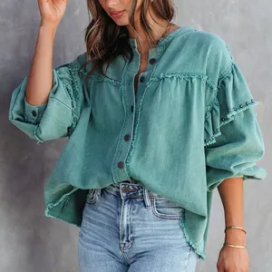 Fashionable Distressed Fringe Trim Ladies Casual Custom Denim Jackets for Women 2023