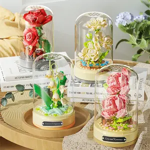 JAKI Flower Toys Music Box Building Blocks Rose Bouquet DIY MOC Bricks Assembly Music Box House Decoration Gift Set