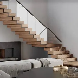 Modernes Design für den Innenbereich Treppenglasgeländer LED-Treppenlauf Massivholzstufen schwimmende Holz-Stahltreppen