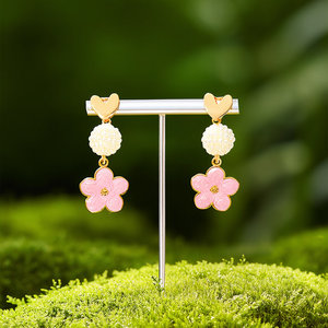 Fashion Drop Earrings Pink <b>Flower</b> Pearl Bead Gold Plated Stainless Steel Sustainable Resistant Jewelry - Product Image 3