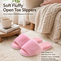 Sandales ouvertes en fausse fourrure de lapin pour femme, douces, moelleuses, écologiques, pour l'hiver, intérieur, antidérapantes, semelle en PVC, pour la maison