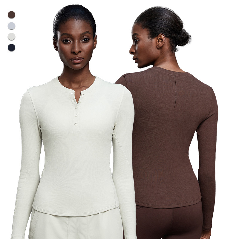 D25146 Women Modal Comfortable Sporty Top for Fitness Long-sleeved Button Collar Yoga Shirt
