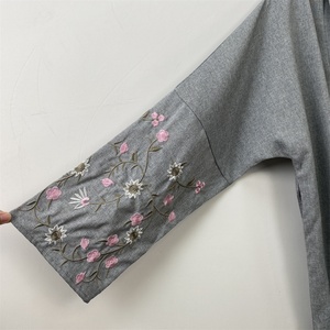 Latest Popular Linen Material Muslim Ladies Flower Embroidery With Pockets Open Abaya 3 Colors 1407# - Product Image 6