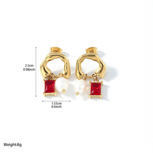 2025ต่างหูห้อยเซอร์โคเนียทรงลูกบาศก์ชุบทอง18K ทำจากสเตนเลสต่างหูจี้ไข่มุกน้ำจืด - Product Image 2