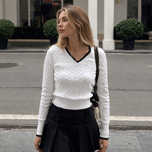 Suéter de Mujer Estilo Preppy, Cuello en V a Rayas, Tejido de Cable, Manga Regular, Informal, de Moda, Otoño, 100% Poliéster - Product Image 2