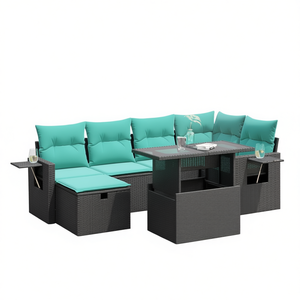 Juego de sofás de jardín de ratán sintético negro de 7 piezas con cojines, muebles de exterior para jardín, capacidad para 6 personas, estilo contemporáneo - Product Image 1