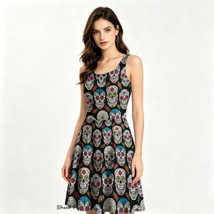 Robe skater sans manches pour femmes, imprimé tête <span class=keywords><strong>de</strong></span> <span class=keywords><strong>mort</strong></span> du Jour des morts, robe d'été trapèze avec poches latérales, robe <span class=keywords><strong>de</strong></span> soirée d'Halloween - Product Image 1