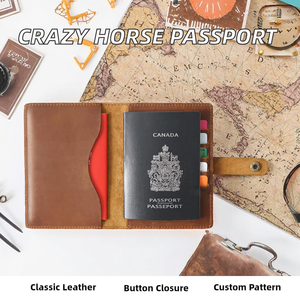 Genuine Crazy Horse Leather Vintage Passport <b>Holder</b> Travel Passport Cover <b>Wallet</b> with <b>Card</b> <b>Holder</b> Button Closure - Product Image 2