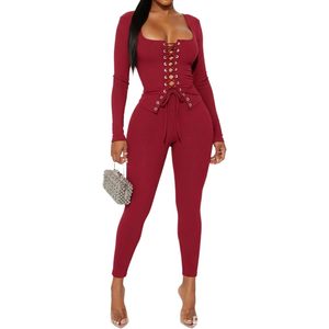 Custom 2026 Women <b>Bodycon</b> <b>Jumpsuit</b> Square Neck <b>Lace</b> Up Knit Stretchy Club Outfit Breathable Fashion Dress - Product Image 2