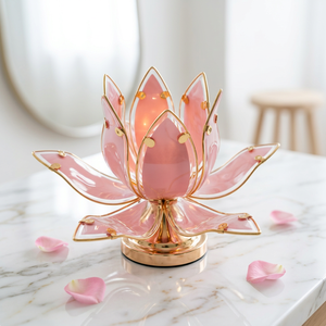 Lámpara de Mesa con Forma de Flor de Loto Rosa, Pantalla de Vidrio, Base de Metal, E26 LED, Luz Cálida Suave, Iluminación Moderna Decorativa para Dormitorio - Product Image 1