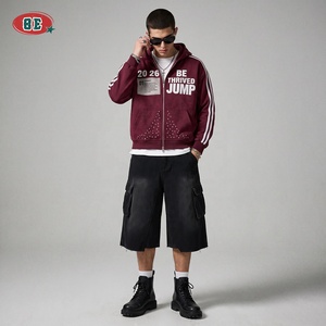 Rhinestone Zip up <strong>Hoodie</strong> <strong>Men</strong> 400GSM Heavyweight <strong>Burgundy</strong> Vintage Red Stripe Tracksuit Fall Winter Custom Streetwear OEM - Product Image 2