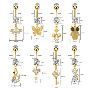 Vente en gros <span class=keywords><strong>de</strong></span> barres <span class=keywords><strong>de</strong></span> nombril pour filles, avec pendentifs clés et motifs d'animaux <span class=keywords><strong>de</strong></span> dessin animé mignons (libellule, papillon, cygne, chat, hibou), ornées <span class=keywords><strong>de</strong></span> strass - Product Image 2