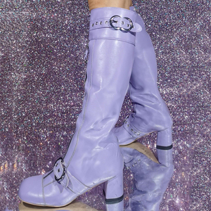 Big Size 47 Low Chunky Heels Belt Metal Buckles Shoes Women Front Zipper Knee High <b>Boots</b> Wide Fit Long Booties - Product Image 2