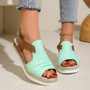 Women Color Block Wedge <b>Sandals</b> Summer New Style Ruched Sole European and American Style Peep Toe <b>Sandals</b> - Product Image 4