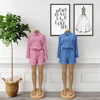 Ensemble deux pièces décontracté en tissu respirant imprimé bleu et rose à motif de dessin animé pour femme, collection printemps 2026 (pantalon et chemise) - Vente en gros